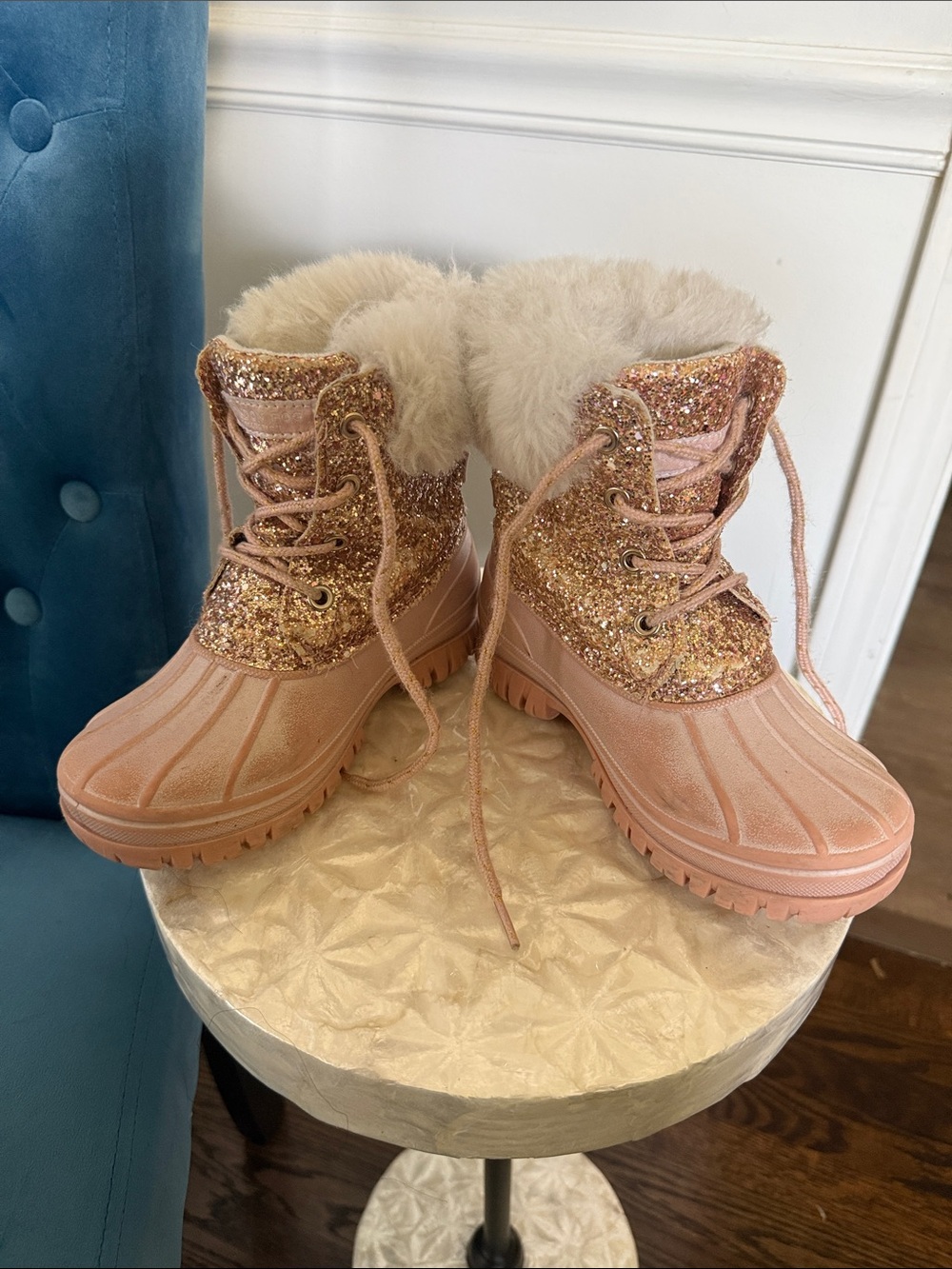 London Fog Girls' Rose Gold Glitter Faux-Fur Winter Boots